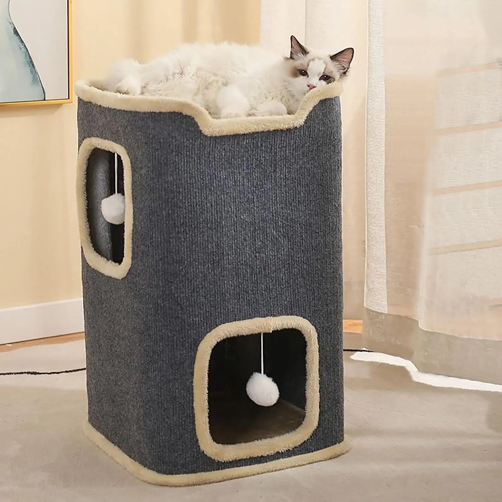 Winter 2 Layer Cat House for Indoor Cats, 24'' Durable Cat Cube Playhouse with Dangling