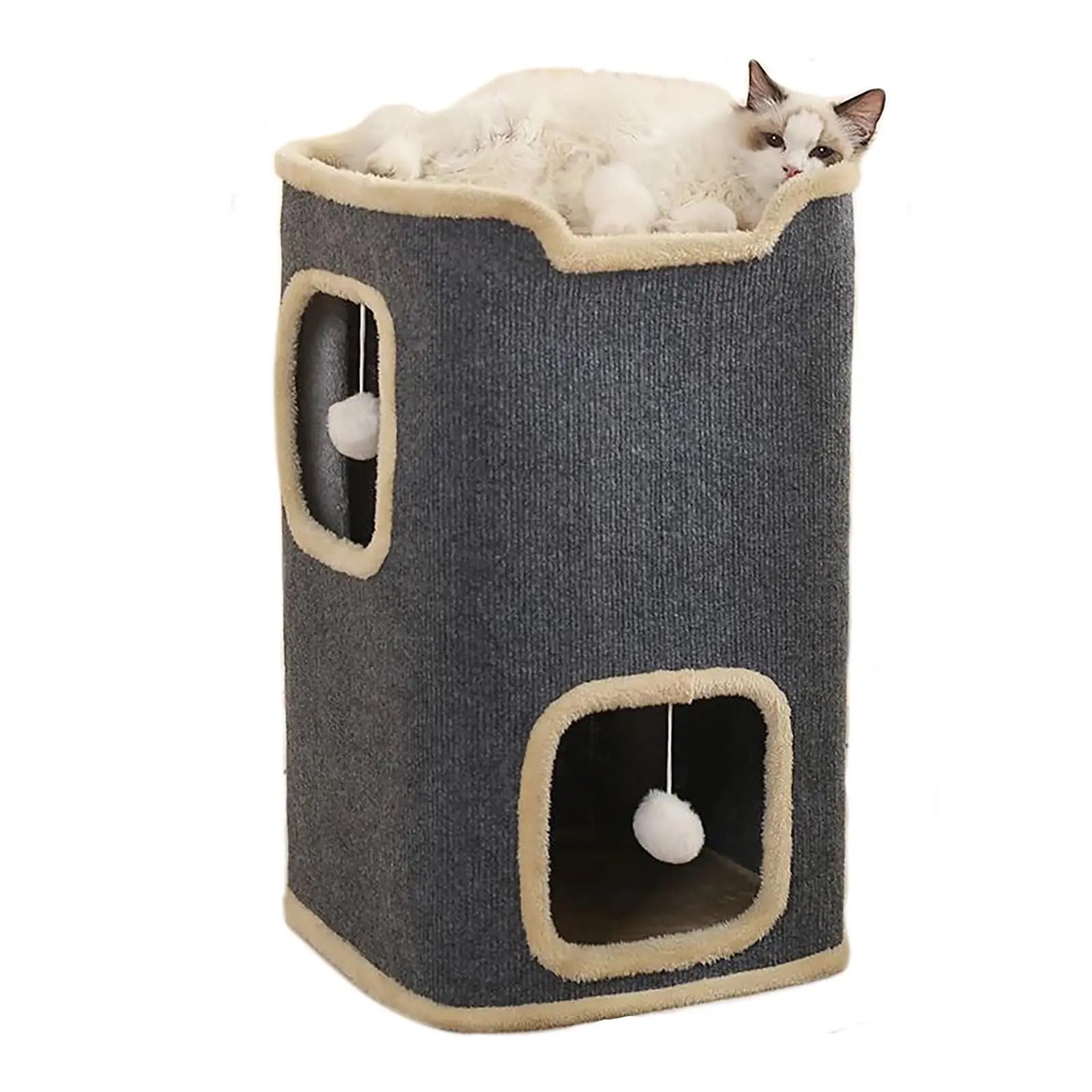 Winter 2 Layer Cat House for Indoor Cats, 24'' Durable Cat Cube Playhouse with Dangling